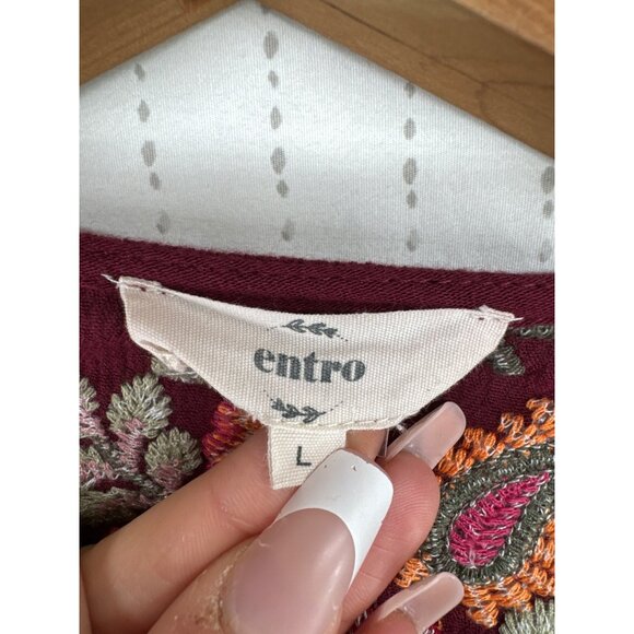 Entro Womens Top Sz L Maroon Embroidered Tunic Floral Embroidered Boho Tasseled - Picture 3 of 10